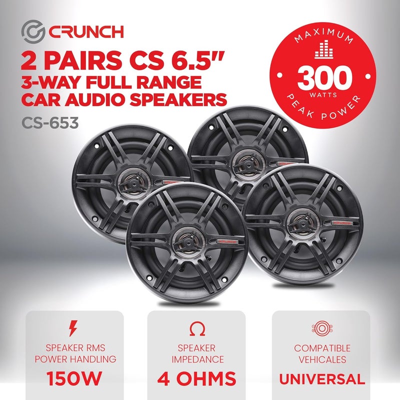 Crunch 2 Pack 6.5 Inch Car Audio Speakers, 300 Watt MAX 3 Way Full Range Speaker Set with 1 Inch Tweeter & Spade Terminal Connectors, CS-653 - Image 2